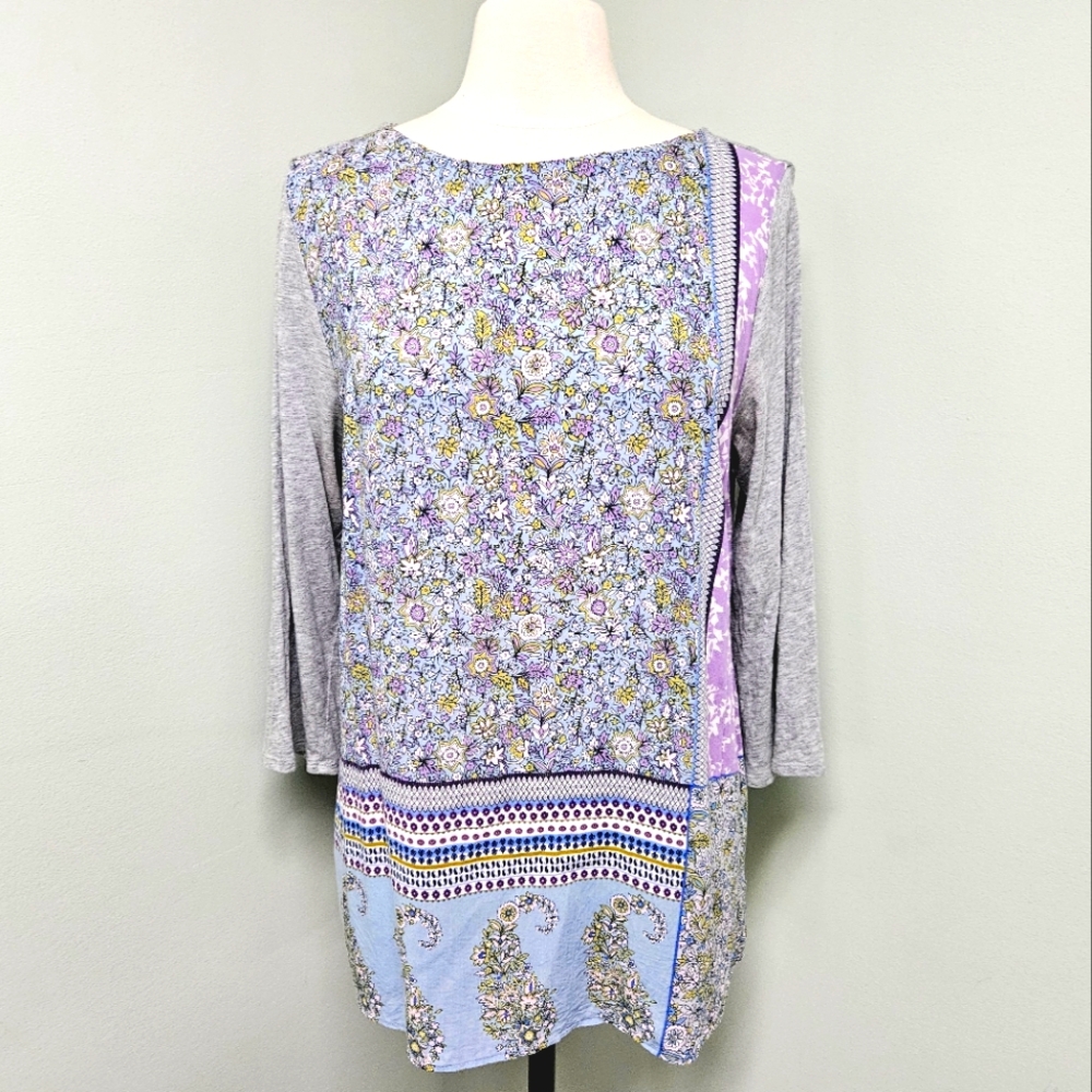 J. Jill Floral Print 3/4 Sleeve Tunic Top Pastels Gray Blues Purples Large
